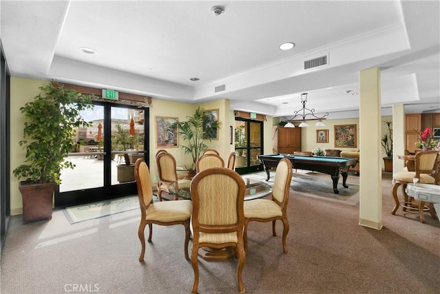 carpeted dining room featuring a tray ceiling, crown molding, french doors, and pool table