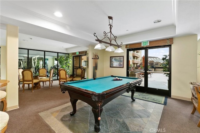 playroom with carpet, a raised ceiling, billiards, and french doors