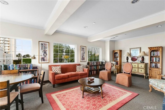 carpeted living room featuring beam ceiling, a wealth of natural light, and crown molding