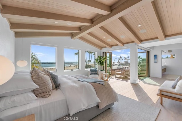 bedroom featuring vaulted ceiling with beams, access to outside, a water view, wooden ceiling, and light wood-type flooring