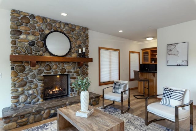 living room featuring hardwood / wood-style floors and a fireplace