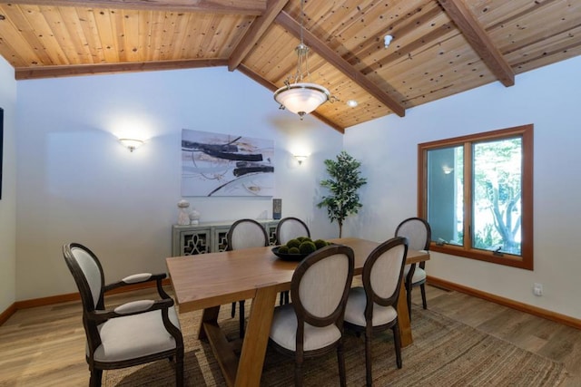 dining room featuring lofted ceiling with beams, light hardwood / wood-style floors, and wooden ceiling