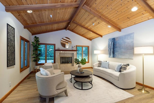 living room featuring wood ceiling, high vaulted ceiling, a fireplace, light hardwood / wood-style floors, and beamed ceiling