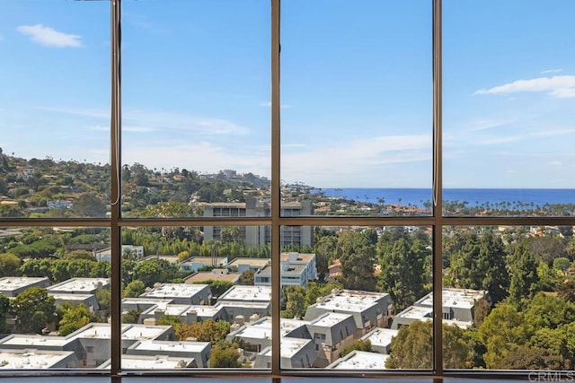 interior space with a water view