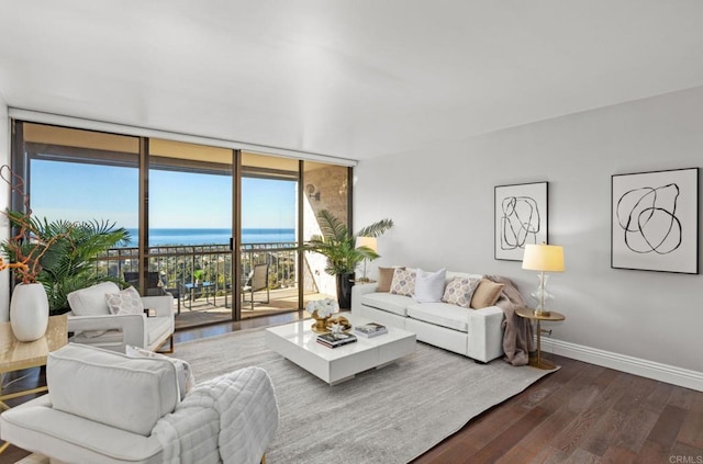 living room featuring a wall of windows, dark hardwood / wood-style flooring, and a water view