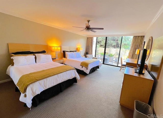 carpeted bedroom featuring ceiling fan, a wall of windows, ornamental molding, and access to outside