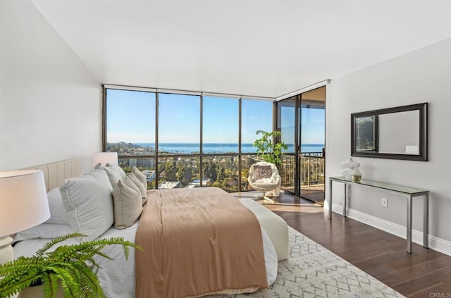 bedroom with multiple windows, a wall of windows, dark hardwood / wood-style floors, access to outside, and a water view