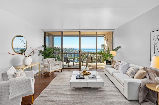 living room with a water view, wood-type flooring, and floor to ceiling windows