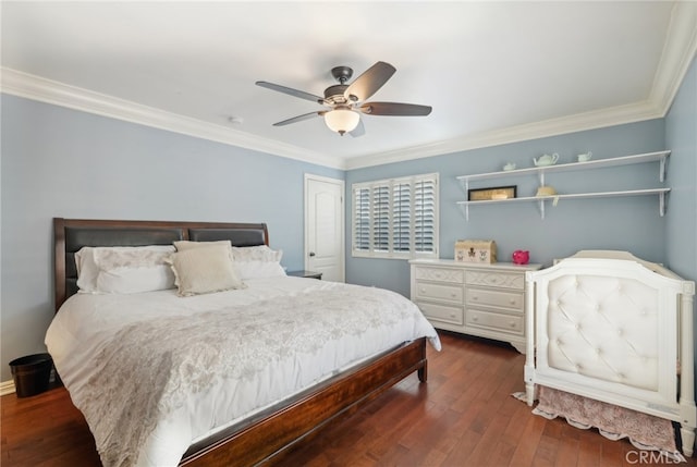 bedroom featuring ornamental molding, dark hardwood / wood-style floors, and ceiling fan