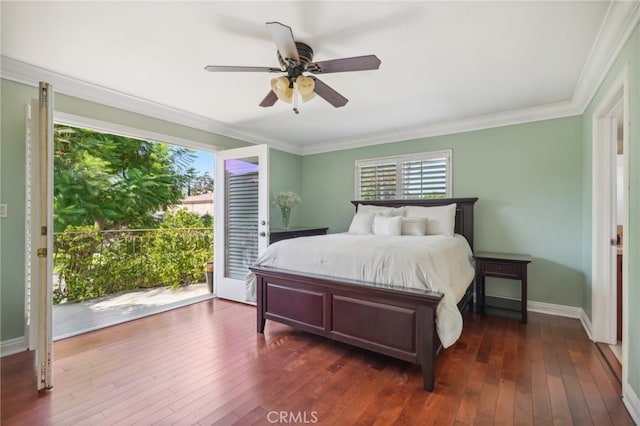 bedroom with access to outside, ornamental molding, dark hardwood / wood-style flooring, and ceiling fan