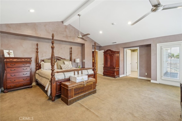 carpeted bedroom with vaulted ceiling with beams and ceiling fan