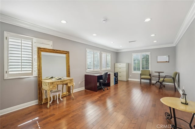 office with crown molding and dark wood-type flooring