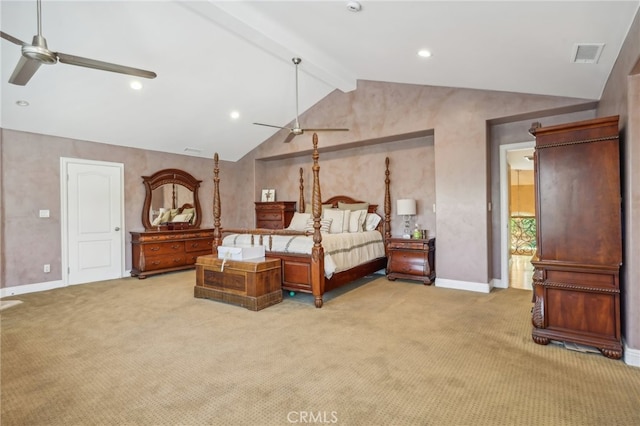 carpeted bedroom with vaulted ceiling with beams