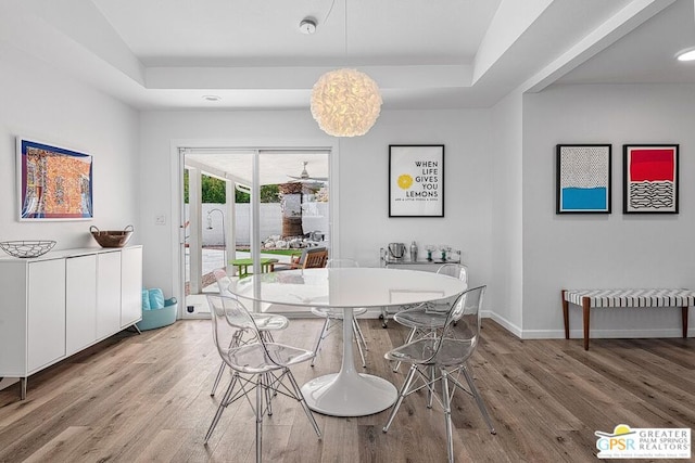 dining area featuring a tray ceiling and light wood-type flooring