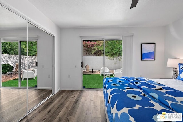 bedroom featuring multiple windows, wood-type flooring, a closet, and ceiling fan