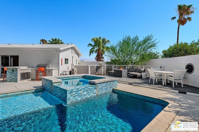 view of swimming pool with an in ground hot tub, area for grilling, an outdoor living space, grilling area, and a patio