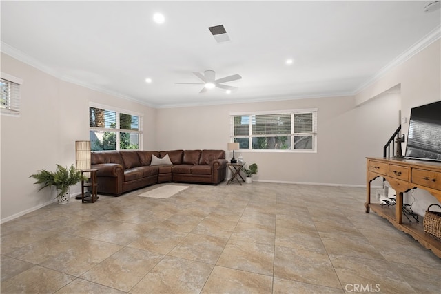 living room featuring crown molding and ceiling fan