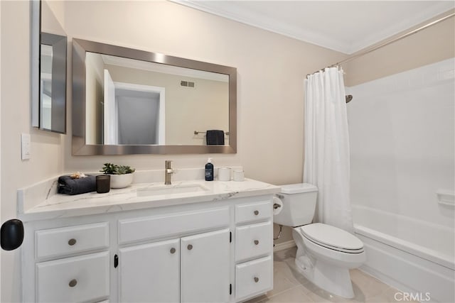 full bathroom featuring toilet, tile patterned floors, vanity, crown molding, and shower / bathtub combination with curtain