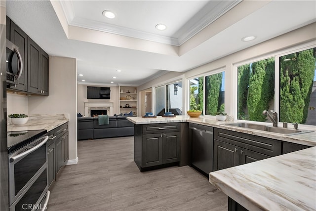 kitchen with sink, light wood-type flooring, stainless steel appliances, light stone counters, and ornamental molding