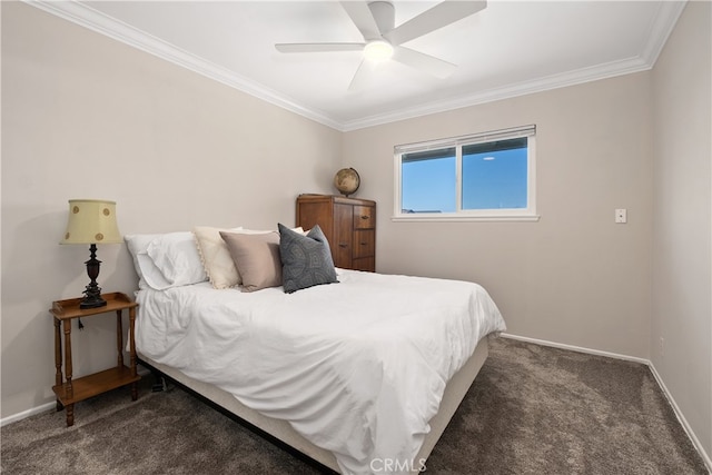 bedroom with ornamental molding, dark colored carpet, and ceiling fan