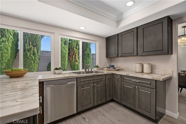 kitchen featuring sink, light hardwood / wood-style flooring, dark brown cabinetry, and dishwasher