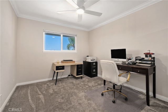 carpeted home office with ornamental molding and ceiling fan