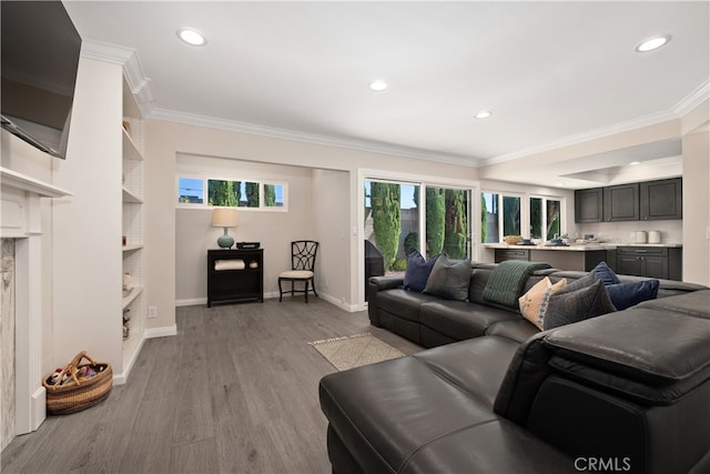 living room featuring crown molding and light wood-type flooring