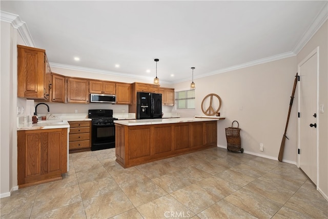 kitchen with crown molding, black appliances, hanging light fixtures, and sink