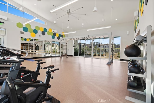 exercise room with a towering ceiling