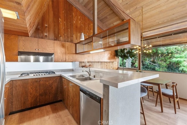 kitchen with wooden ceiling, a kitchen breakfast bar, sink, light wood-type flooring, and appliances with stainless steel finishes