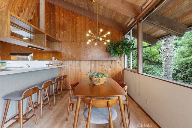 dining area with lofted ceiling with beams, wood ceiling, a notable chandelier, and light hardwood / wood-style floors