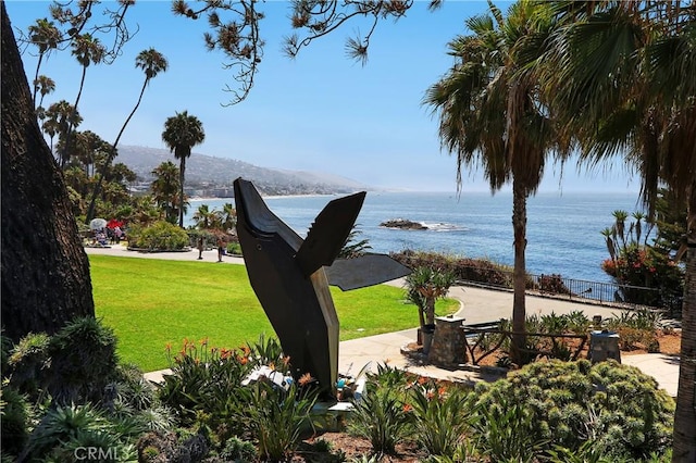 view of community with a yard and a water and mountain view