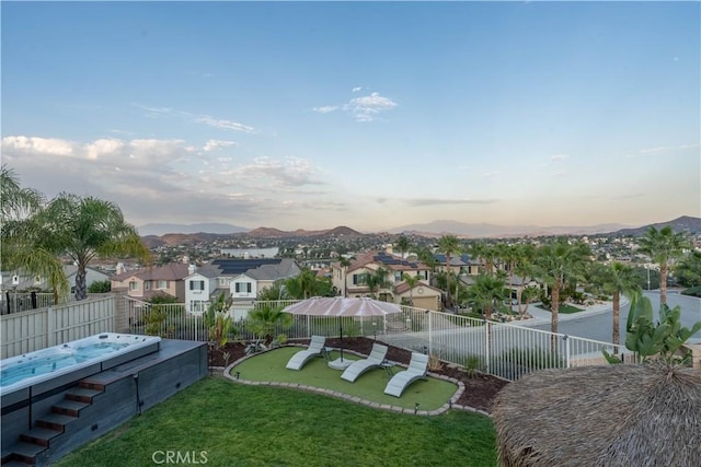 aerial view at dusk with a mountain view