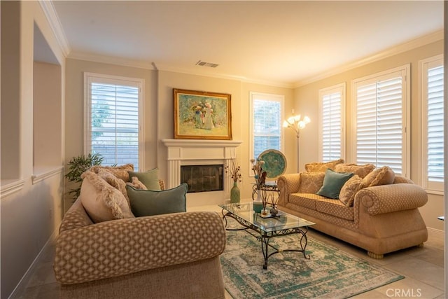 tiled living room featuring ornamental molding