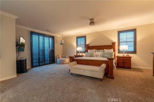 bedroom with carpet flooring, multiple windows, ornamental molding, and ceiling fan