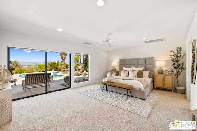 bedroom with light carpet, ceiling fan, and access to exterior