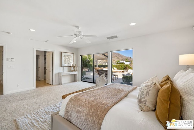 bedroom featuring ceiling fan, light colored carpet, and access to outside