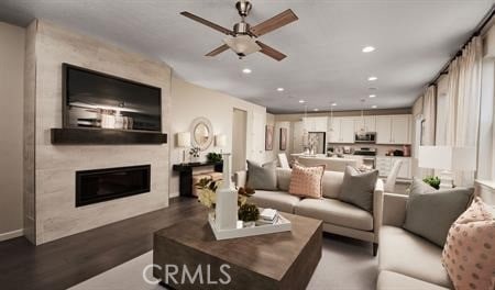 living room with wood-type flooring, ceiling fan, and a large fireplace