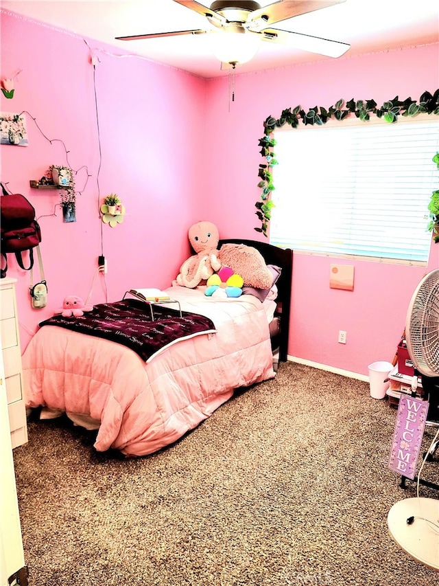 carpeted bedroom featuring ceiling fan