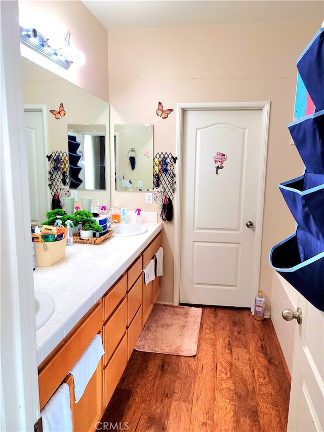 bathroom featuring hardwood / wood-style flooring and vanity