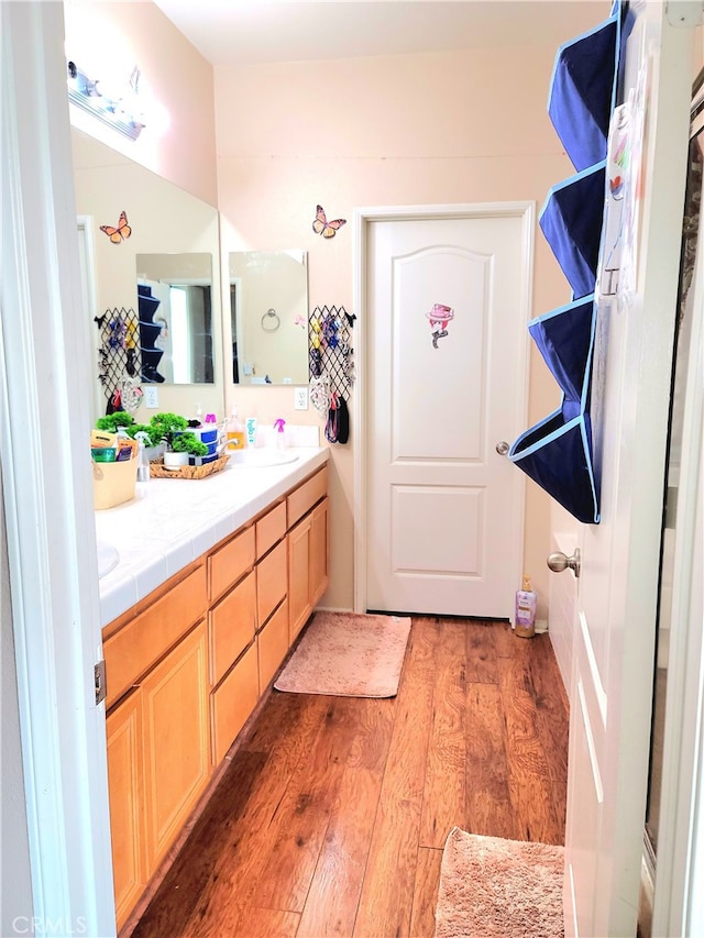 bathroom with hardwood / wood-style flooring and vanity