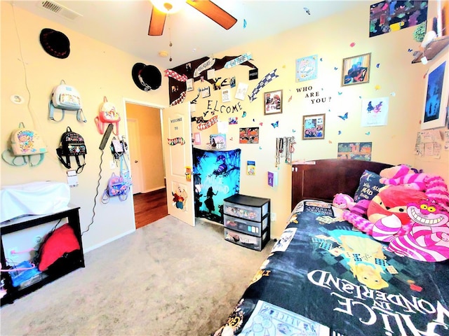 carpeted bedroom with ceiling fan