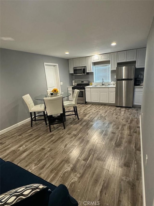 kitchen featuring dark wood-type flooring, stainless steel appliances, and sink