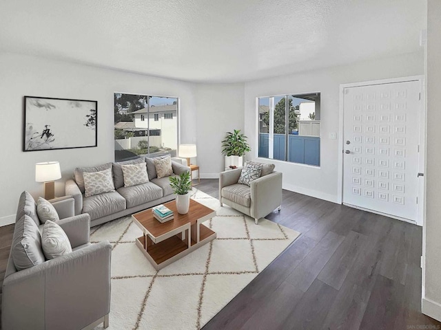 living room featuring a textured ceiling and hardwood / wood-style flooring