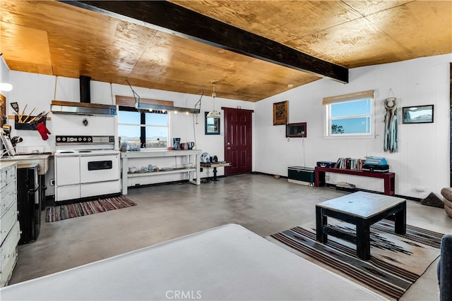 living room with vaulted ceiling with beams and wood ceiling