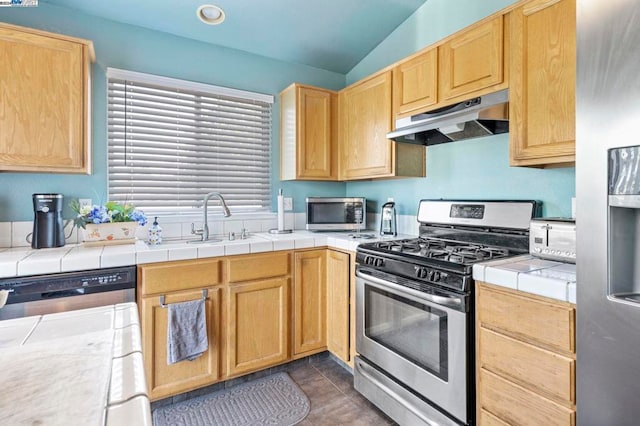 kitchen with dark tile patterned flooring, lofted ceiling, sink, stainless steel appliances, and tile counters