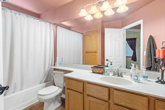 full bathroom with toilet, vanity, and shower / bathtub combination with curtain