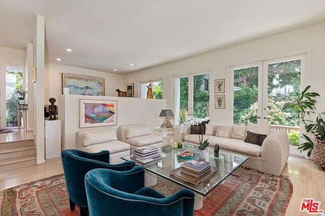 living room featuring light hardwood / wood-style flooring, a healthy amount of sunlight, and french doors