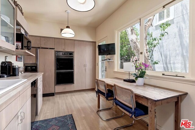 kitchen featuring stainless steel appliances, hanging light fixtures, and light wood-type flooring