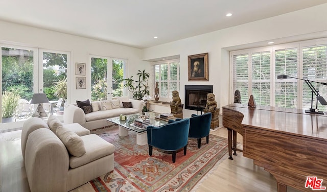 living room with light hardwood / wood-style floors and french doors